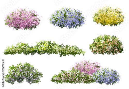 Vertor set of spring blossom tree,blooming plants side view  for landscape elevation and section,eco environment concept design,watercolor shrub illustration,colorful season