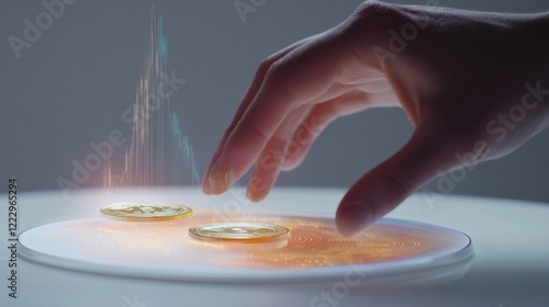 A creative hand interacting with futuristic tablet showing financial growth on white, blending smooth holographic coins and glowing upward data visuals photo