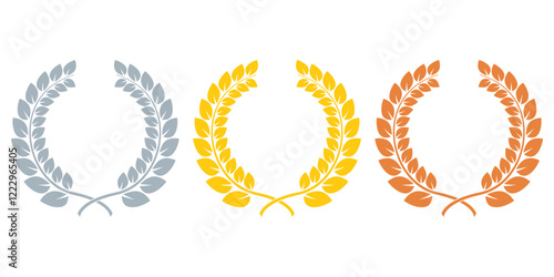Laurel wreath award set. Gold, silver and bronze laurel frames. First, second, third place prize concept. Vector illustration.