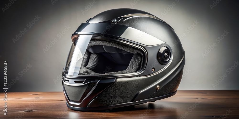 Fototapeta premium black leather motorcycle helmet with silver accents and ventilation holes