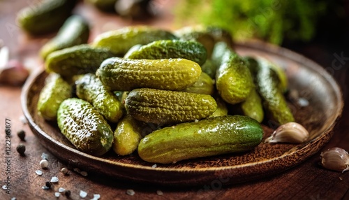 Plate of pickles sits on a wooden table photo