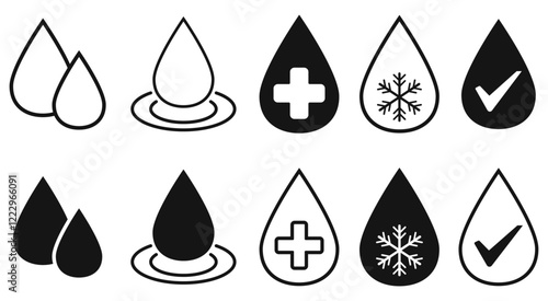 Water drop icon set oil safe water health liquid frozen silhoette vector icons illustration flat style Isolated on white background