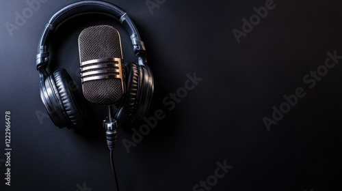 A vintage microphone paired with headphones on a dark surface, symbolizing audio recording. photo