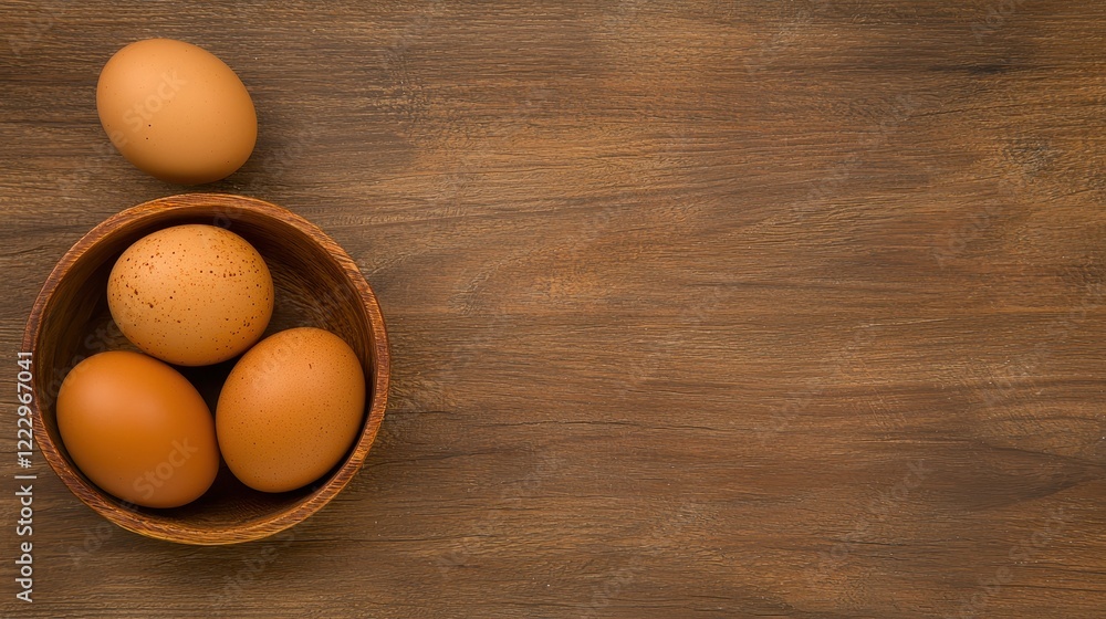 Fresh Brown Eggs in Wooden Bowl on Rustic Brown Table Background Fresh Brown Eggs in Wooden Bowl on Rustic Brown Table Background