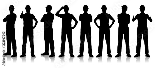 Silhouettes of Male Construction Workers in Various Poses and Gestures. Vector Flat Style Illustration Set Isolated On White