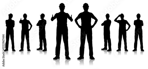 Silhouettes of Male Construction Workers in Various Poses and Gestures. Vector Flat Style Illustration Set Isolated On White