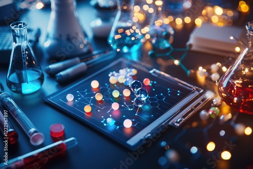 chemical elements on a periodic table, surrounded by laboratory tools and vibrant liquids