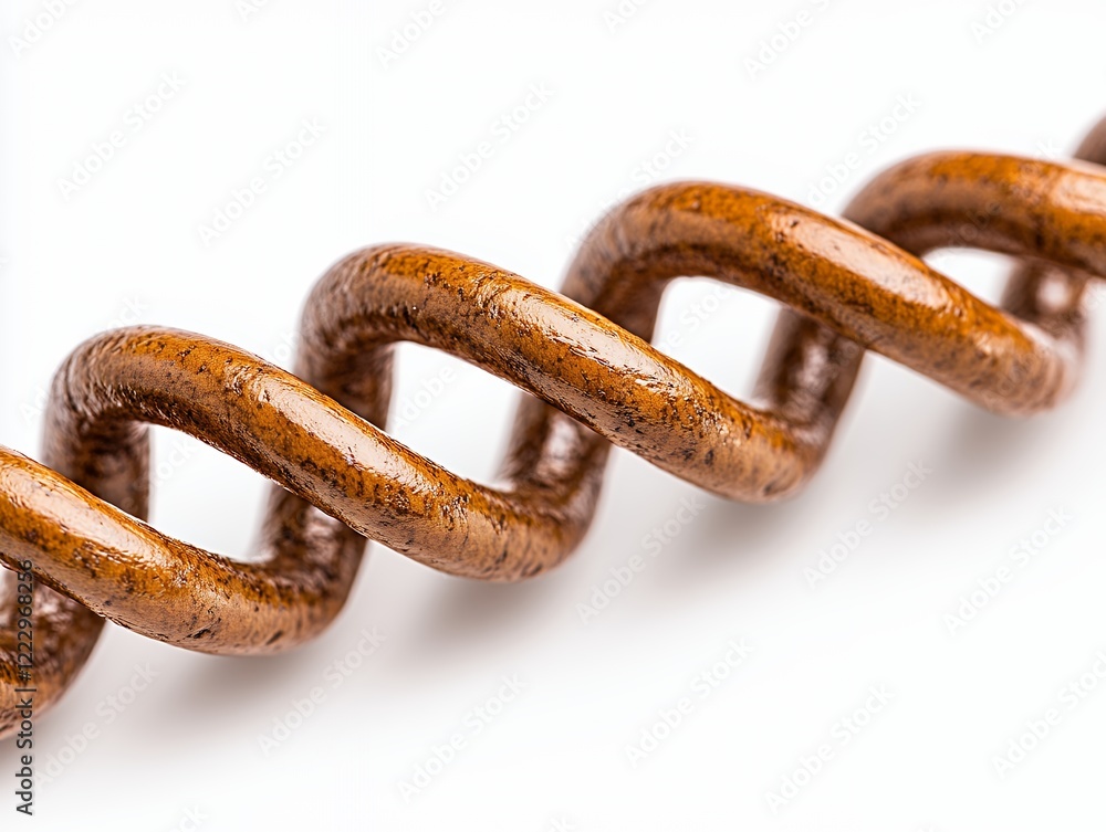 Close-up view of a twisted brown metal coil spring showcasing its smooth texture and spiral design against a white background Close-up view of a twisted brown metal coil spring showcasing its smooth texture and spiral design against a white background