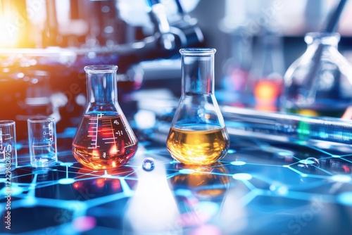 chemical elements on a periodic table, surrounded by laboratory tools and vibrant liquids