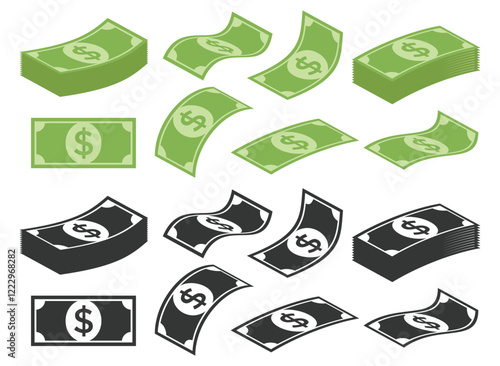 Paper money dollar icon vector illustration isolated. Money cash vector design or paper currency icons collection in green and black colors