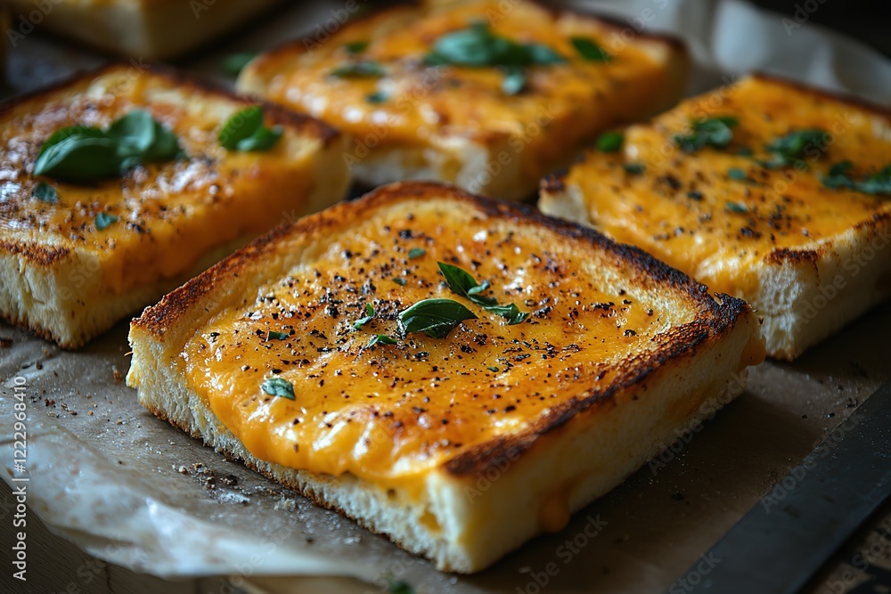 Golden-brown toasted bread topped with melted cheese seasoned with herbs and pepper Golden-brown toasted bread topped with melted cheese seasoned with herbs and pepper
