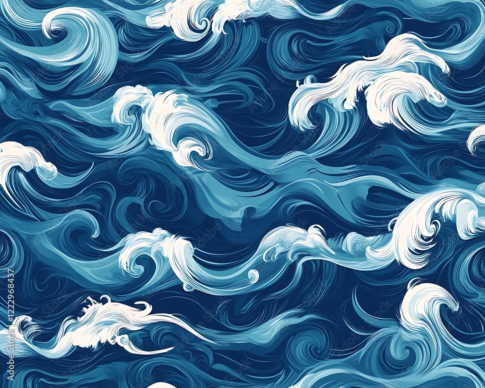 The image is a blue and white ocean wave with a lot of detail. The waves are very large and the water is choppy. Scene is calm and peaceful, The image is a blue and white ocean wave with a lot of detail. The waves are very large and the water is choppy. Scene is calm and peaceful,