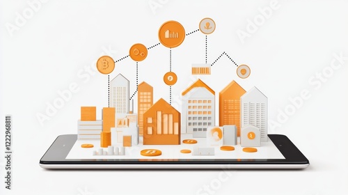 A polished real-estate growth chart on tablet with interactive icons and white background, blending glowing upward trends and sleek coin overlays