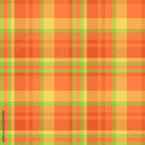 Vibrant orange, yellow, and green plaid pattern.  Perfect for textile design, website backgrounds, or autumnal themed projects. This seamless texture offers a cheerful and energetic aesthetic.