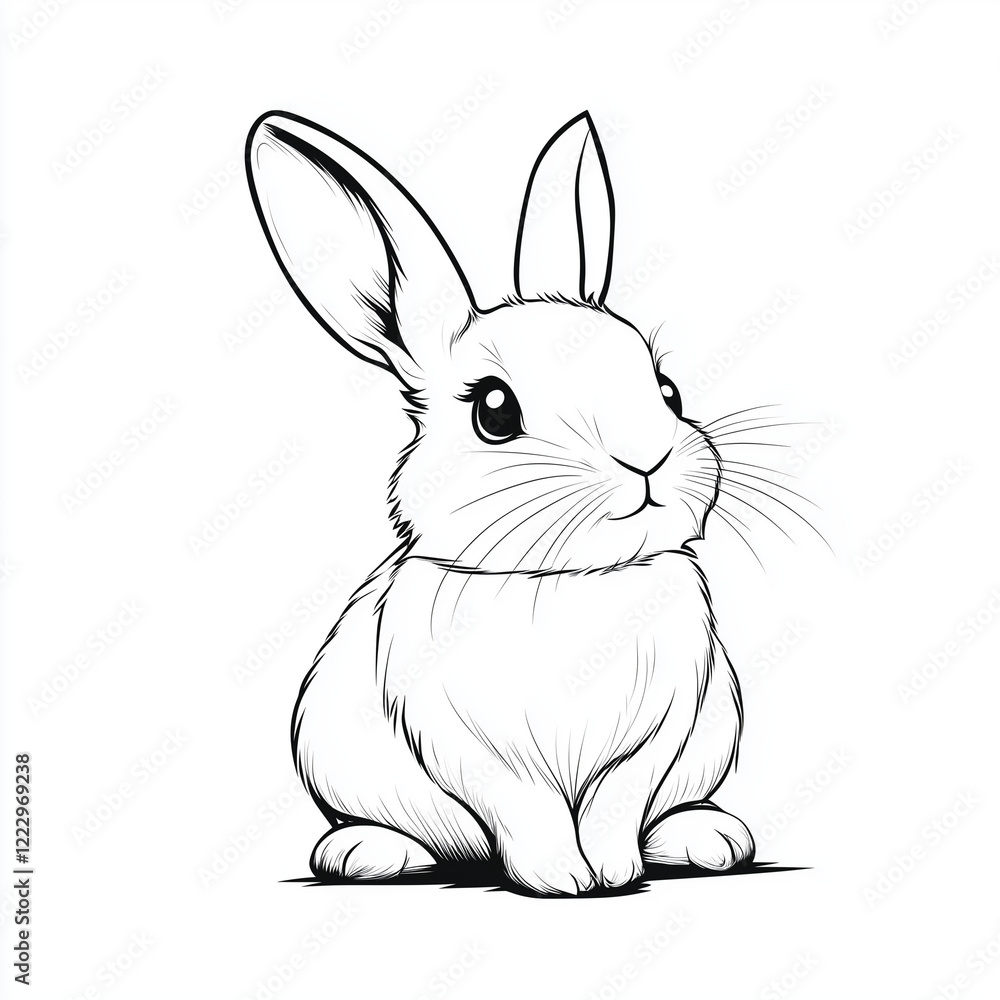 Simple line drawing of a Lionhead rabbit full body on a white background