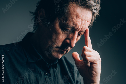 Fotografi Portrait of forgetful mature adult male with tired exhausted look on his face