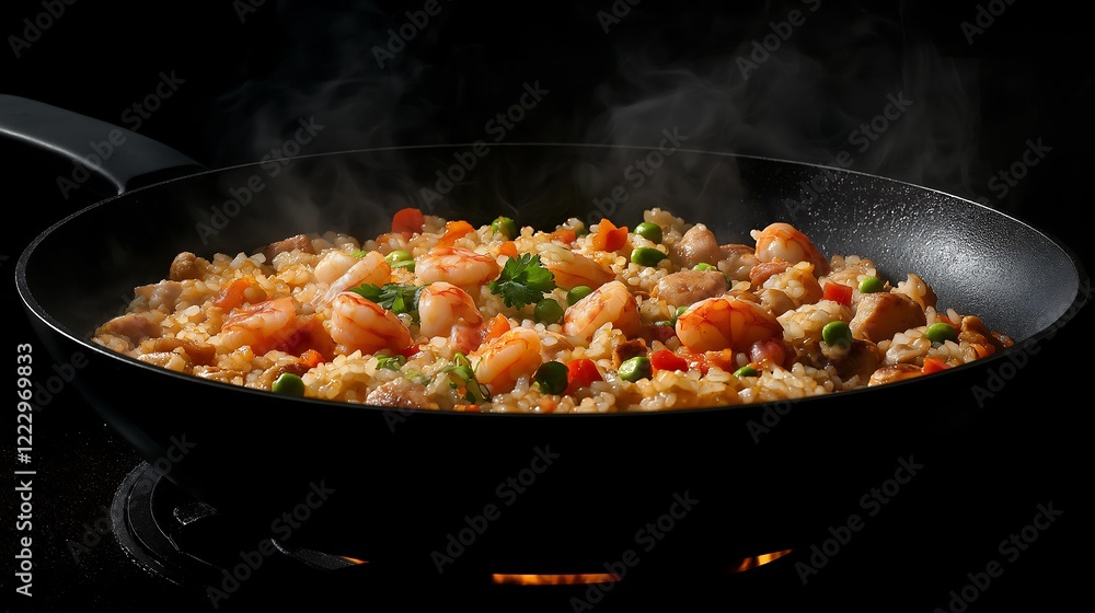 Steaming Hot Fried Rice Dish with Shrimp and Colorful Vegetables in a Sizzling Skillet, Showcasing Aromatic Spices and Vibrant Textures Against a Dark, Moody Background Steaming Hot Fried Rice Dish with Shrimp and Colorful Vegetables in a Sizzling Skillet, Showcasing Aromatic Spices and Vibrant Textures Against a Dark, Moody Background