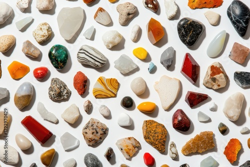 colorful mineral specimens arranged artistically on a neutral backdrop, highlighting geological diversity for educational purposes