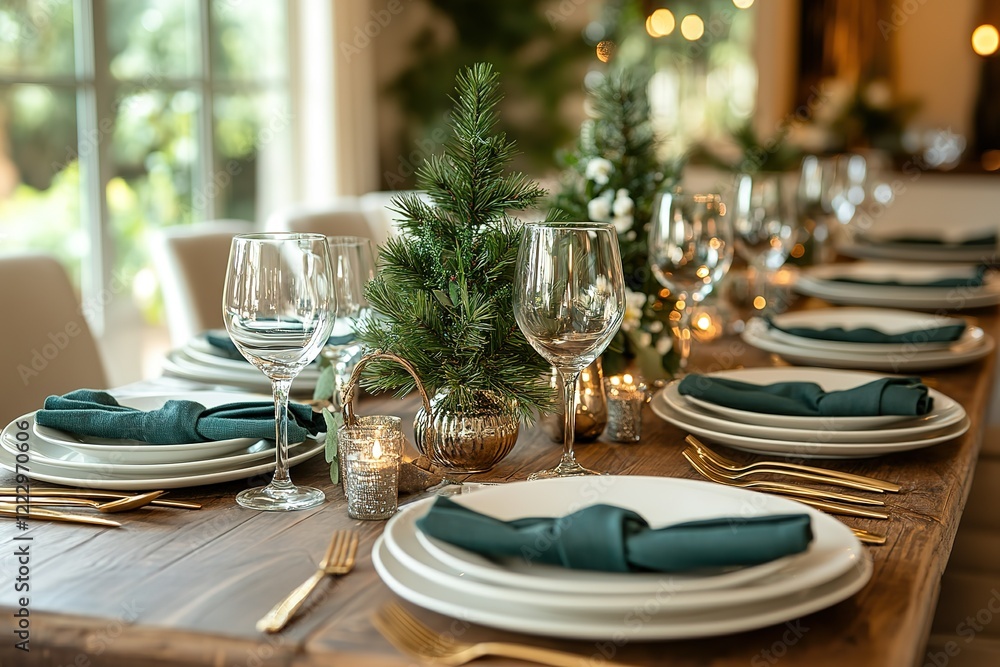 Fototapeta premium A rustic holiday table setting with elegant plates gold cutlery and small evergreen trees as centerpieces