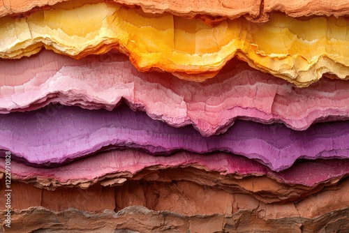 Aerial view of a geological formation with layered strata, vibrant colors, and textures, emphasizing Earth s geological history, neutral background