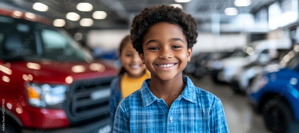 Naklejka premium Two Young Children, Exploring Fun, Have Joyful Expressions in Car Dealership Showroom