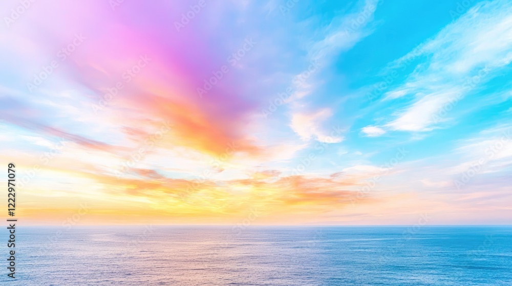 Obraz premium Vibrant sunset over calm ocean; peaceful sky, idyllic scene; background for travel or nature projects