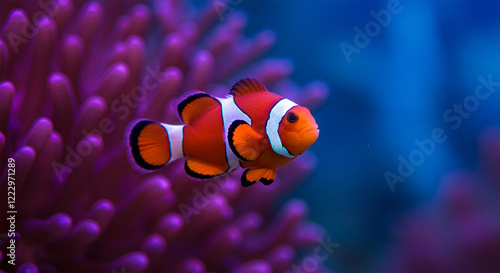 A clownfish surrounded by abstract, swirling waves of neon blues and purples