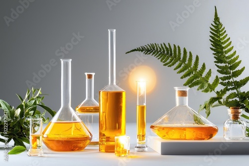 Science laboratory with glassware and equipment, neutral background, showcasing experiments in chemical reactions