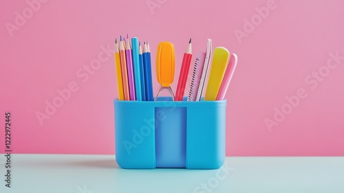 Wallpaper Mural Multicolored school or office supplies in a desk organizer isolated on colourful background Torontodigital.ca