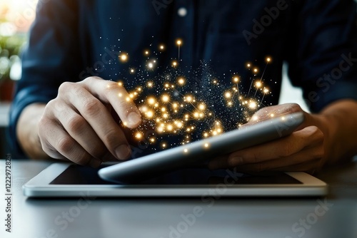 Advanced technology in medicine, a doctor using a tablet for diagnosis, clean and minimalist setting, neutral background