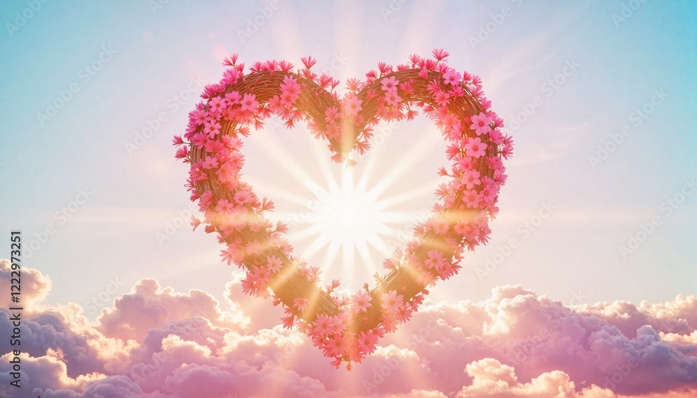 Fototapeta premium Flower heart with sunburst against a pastel sky
