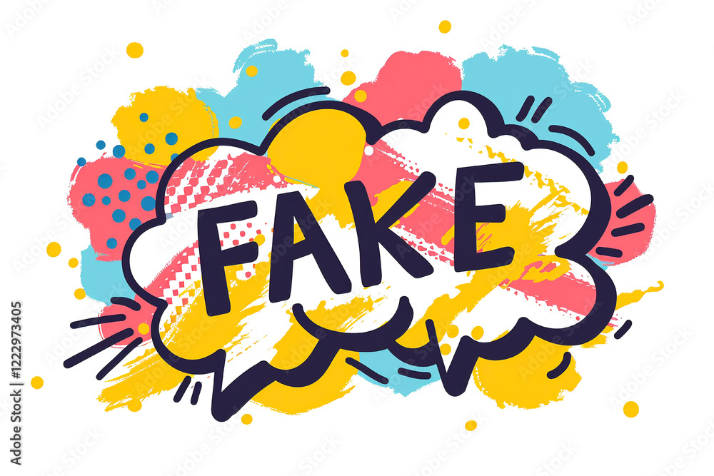 Fototapeta premium Bold 'FAKE' text in colorful speech bubble on blue background, emphasizing fake news concept.