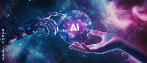AI, digital interaction and futuristic technology with robotic hand touching a glowing sphere in cosmic space. Innovation, creativity and artificial intelligence concept.