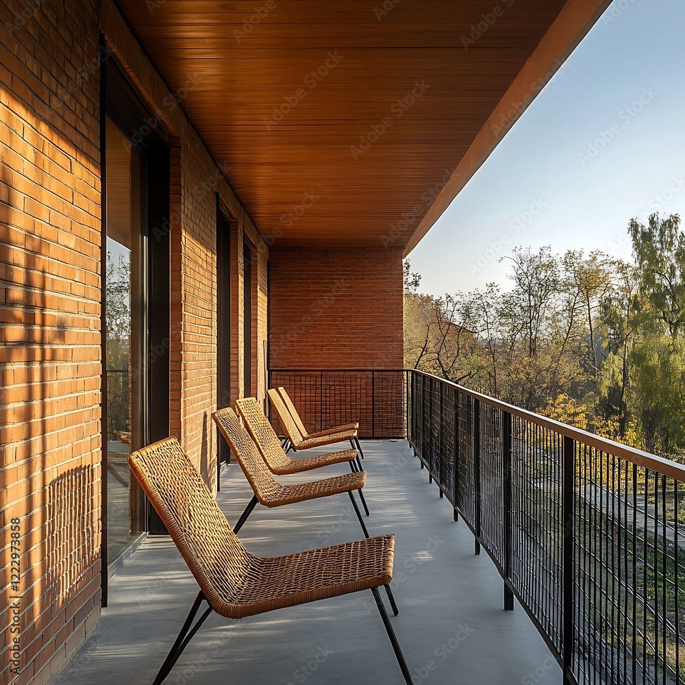 Wooden chairs on the terrace of an apartment building on a sunny day Wooden chairs on the terrace of an apartment building on a sunny day