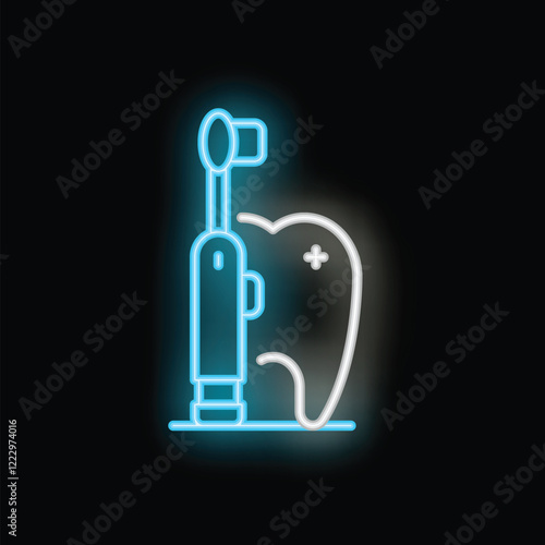 Neon glowing icon of an electric toothbrush taking care of a clean tooth on a black background