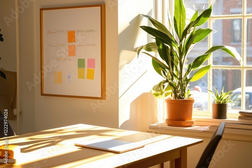 A minimalist workspace featuring a large wall calendar for document standardization, sticky notes, and a plant, with natural light streaming in