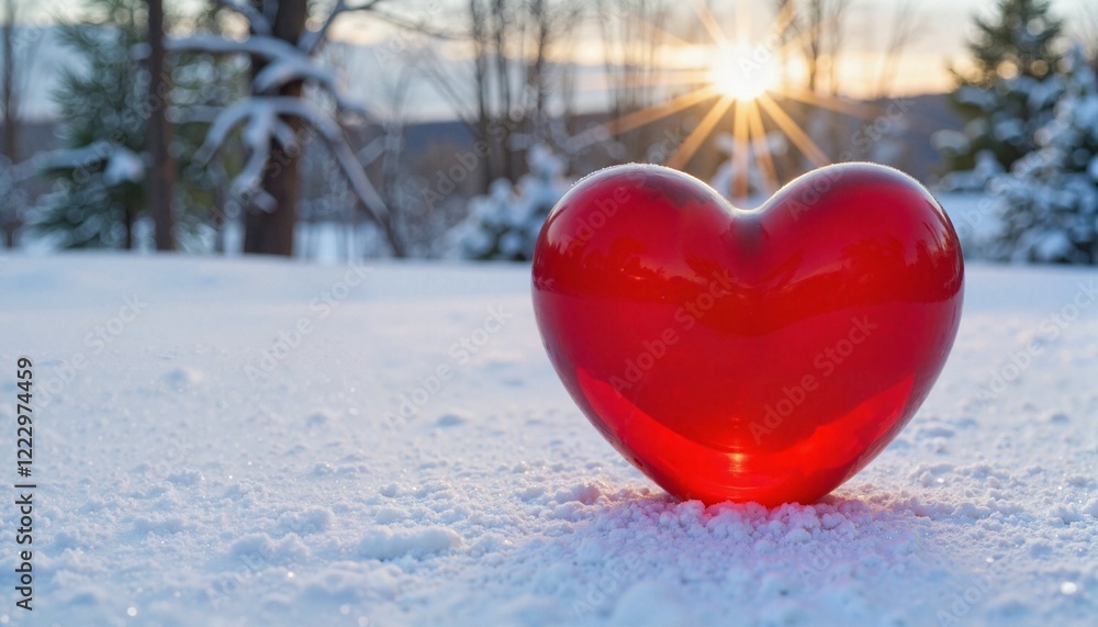 Fototapeta premium Red heart in snow with sunset background