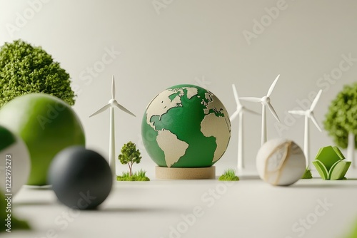 Conceptual image of a globe surrounded by renewable energy icons, representing global environmental awareness, neutral background