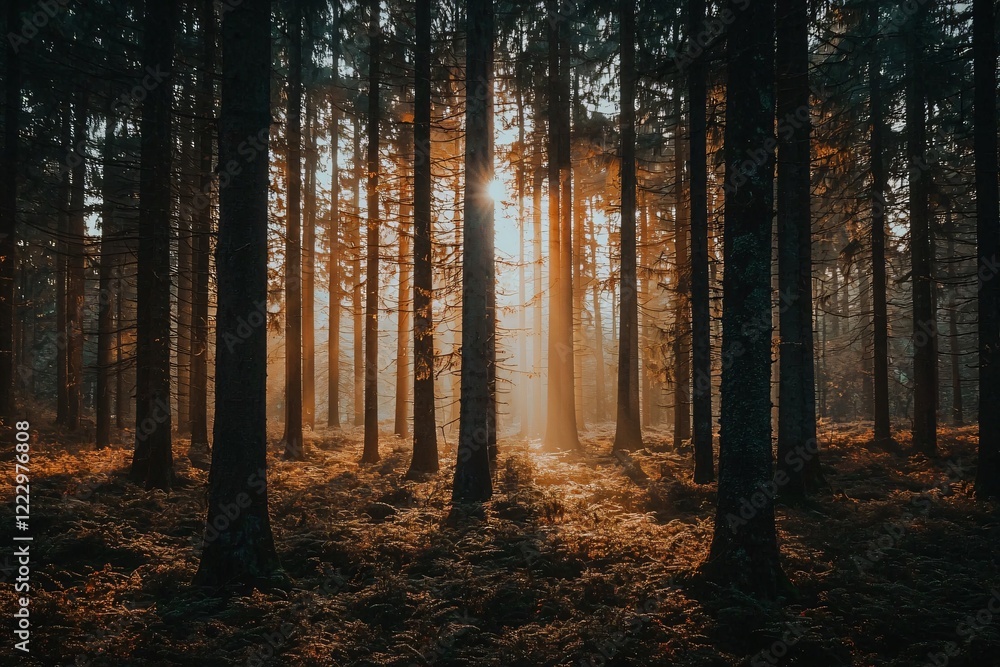 Fototapeta premium Serene forest scene with sun rays filtering through tall trees, illuminating the autumn foliage