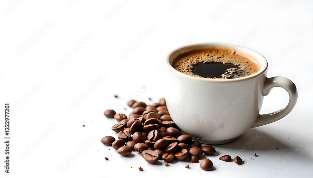 A minimalist still life featuring a white mug of black coffee and scattered coffee beans A minimalist still life featuring a white mug of black coffee and scattered coffee beans