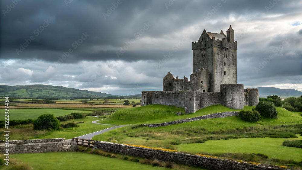 Majestic Irish castle amid green hills under a dramatic sky Majestic Irish castle amid green hills under a dramatic sky