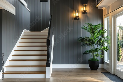 Modern staircase and plant in a home interior with dark gray walls and wood flooring Sunlight streams through a nearby window photo