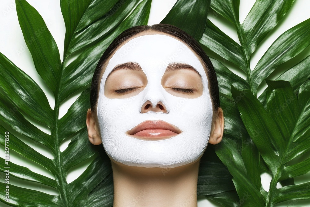 Facial mask relaxation with natural green leaves spa concept Facial mask relaxation with natural green leaves spa concept