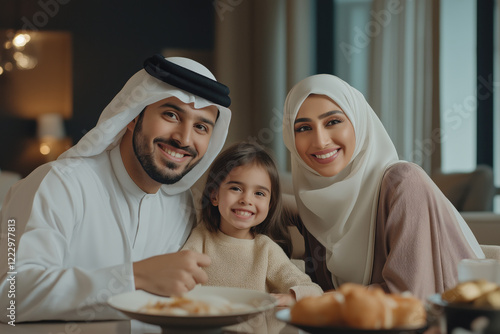 Happy Muslim family close-up sitting at the table and celebrating Ramadan. Celebrating the end of Muslim fasting. Advertising banner for the holy holiday of Ramadan. photo