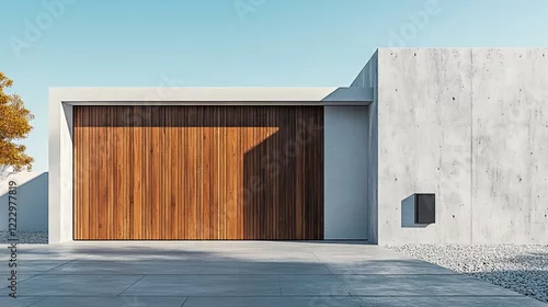 Obraz Contemporary Architectural Design Featuring a Stylish Modern House with Elegant Wooden Garage Door Surrounded by Lush Greenery and Clear Blue Sky Creating a Welcoming and Inviting Atmosphere