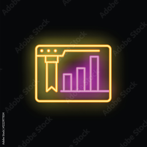 Neon icon of a browser window displaying a growing bar chart and a bookmark ribbon