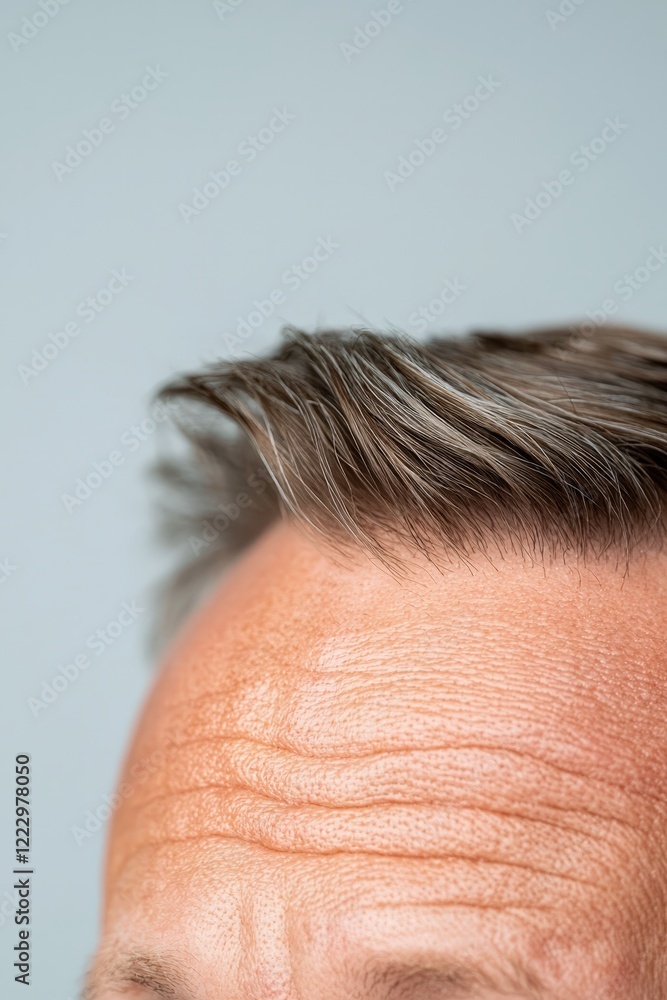 Forehead close-up showing fine lines and sunspots under neutral lighting Forehead close-up showing fine lines and sunspots under neutral lighting