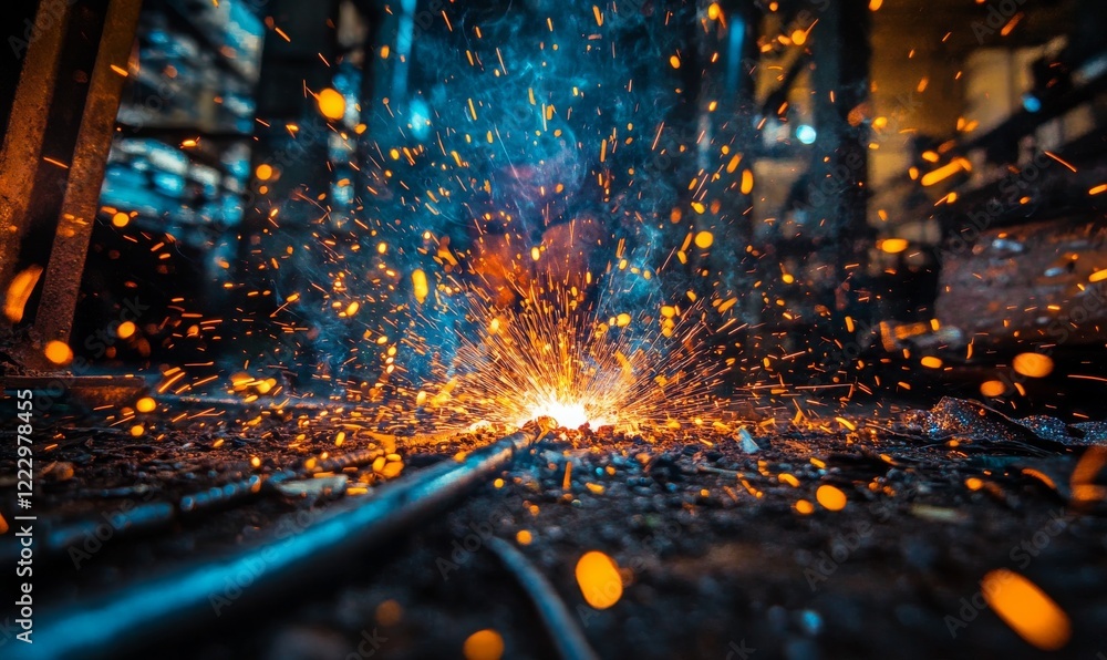 A dynamic close-up of welding sparks flying in an industrial workshop, showcasing intense heat, metalwork, and manufacturing processes in action.