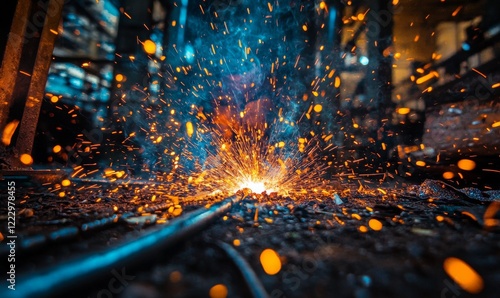 Obraz na płótnie A dynamic close-up of welding sparks flying in an industrial workshop, showcasing intense heat, metalwork, and manufacturing processes in action.
w salonie