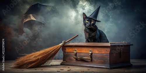 Black cat sitting on a coffin with a witch hat and broom nearby, spooky, ,  spooky photo